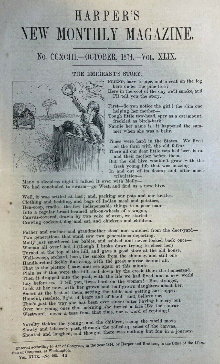 1874 J. T. Trowbridge Illustrated Poem The Emigrant\'s Story