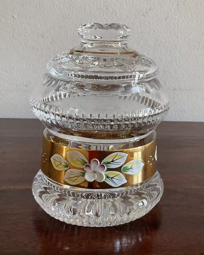 Gorgeous Vintage Bohemia Crystal Gold Tone Floral Painted Jar
