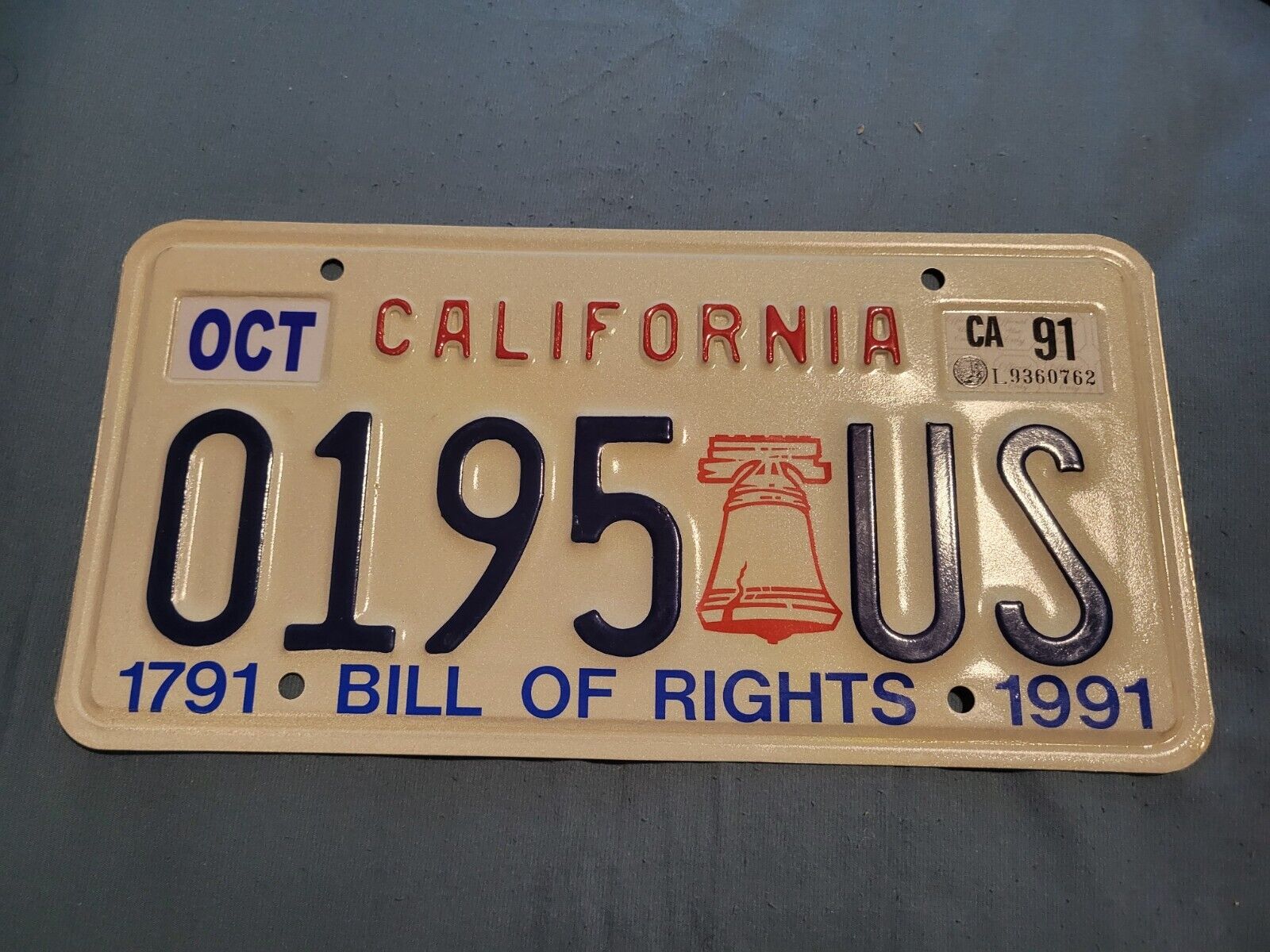 1991 California License Plate # 0195 US Bill of Rights Rare Special Plate