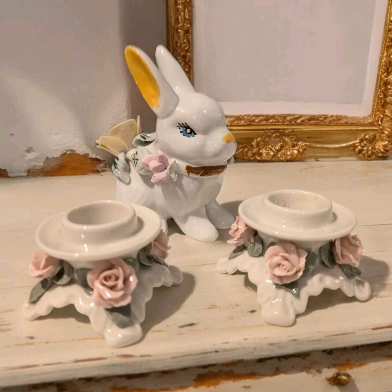Vintage Dresdon Porcelain Candle Holders(2) & Hand Painted Bunny Figurine Roses 
