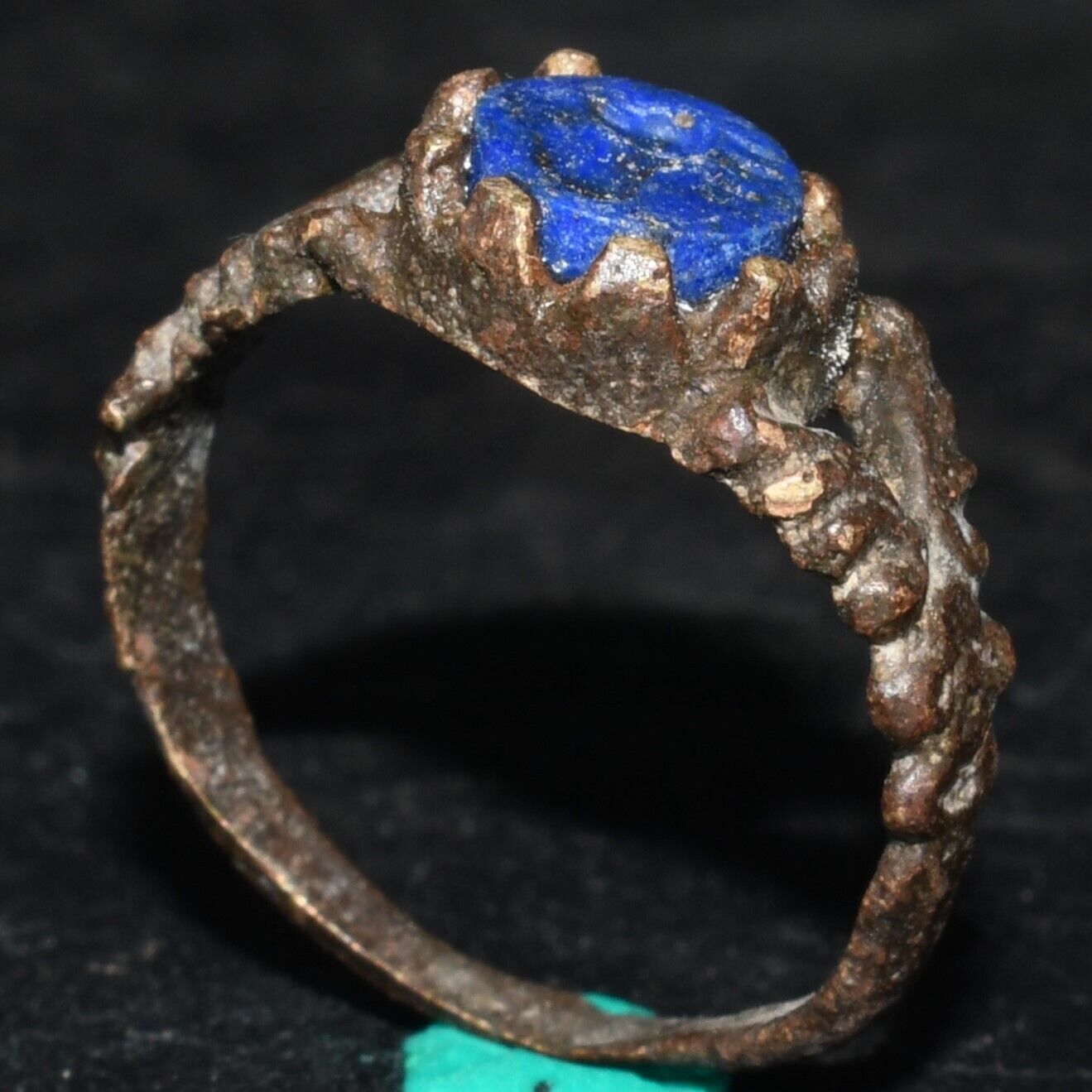 Genuine Ancient Roman Mix Bronze Ring with Lapis Intaglio Ca. 1st-3rd Century AD
