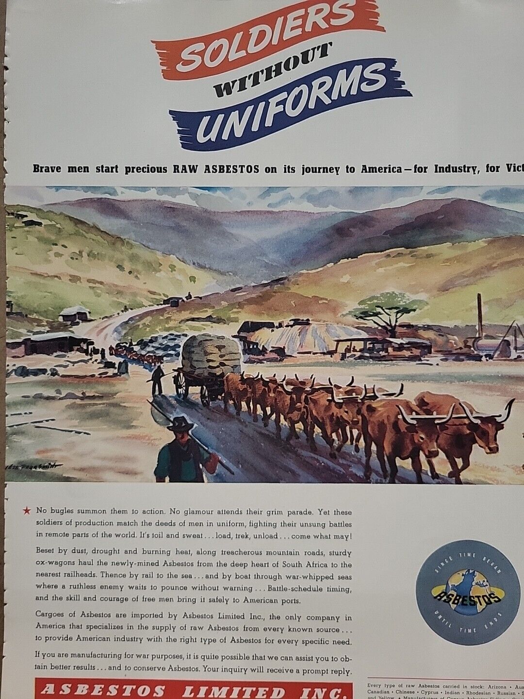 1942 Asbestos Limited Inc. Fortune WW2 Print Ad Q3 Soldiers Farmers Cattle Wagon