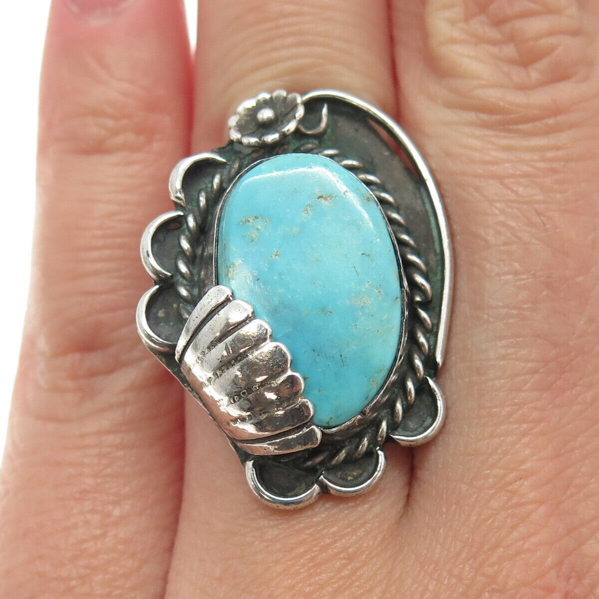 Old Pawn Navajo Sterling Silver Vintage Mountain Turquoise Floral Ring Size 6.25