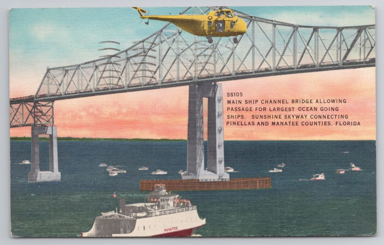 1955 Postcard Main Ship Channel Bridge Avon Park  Florida FL Helicopter Boats