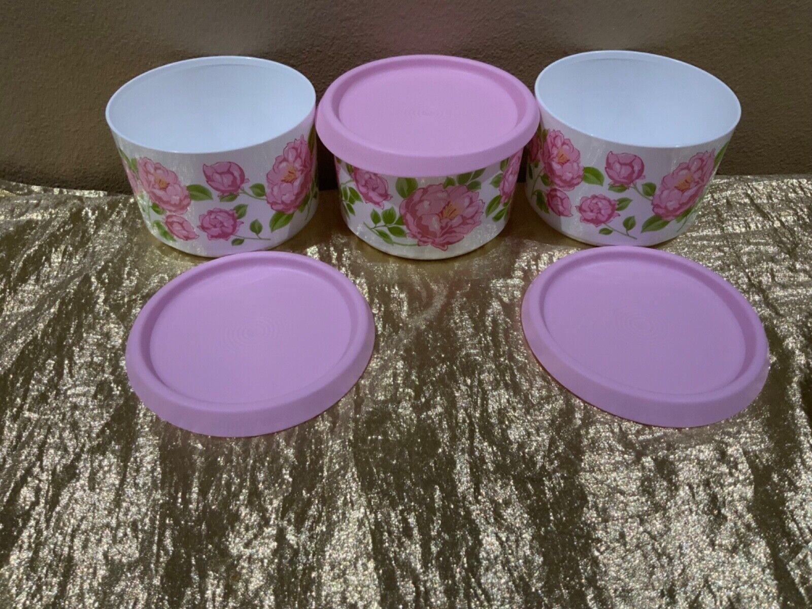 Tupperware New Beautiful Set of 3 One Touch Canisters 2 cups/575ml Pink Peonies