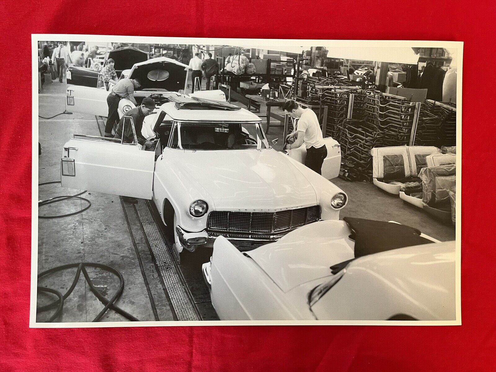 Large Vintage Car Picture. 1957 Lincoln Mark Two On The Assembly Line.  NOS