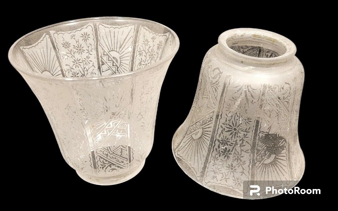 2 Antique Acid Etched Glass Lamp Shade Victorian Gasolier Art Nouveau Deco Pair