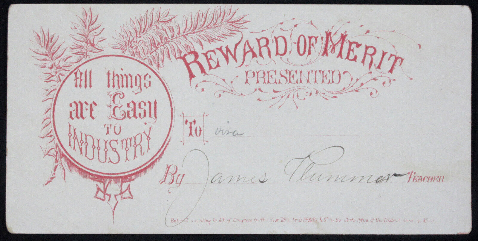 Vintage Reward of Merit Card by L. Prang & Co. Boston Mass. Act of Congress 1867