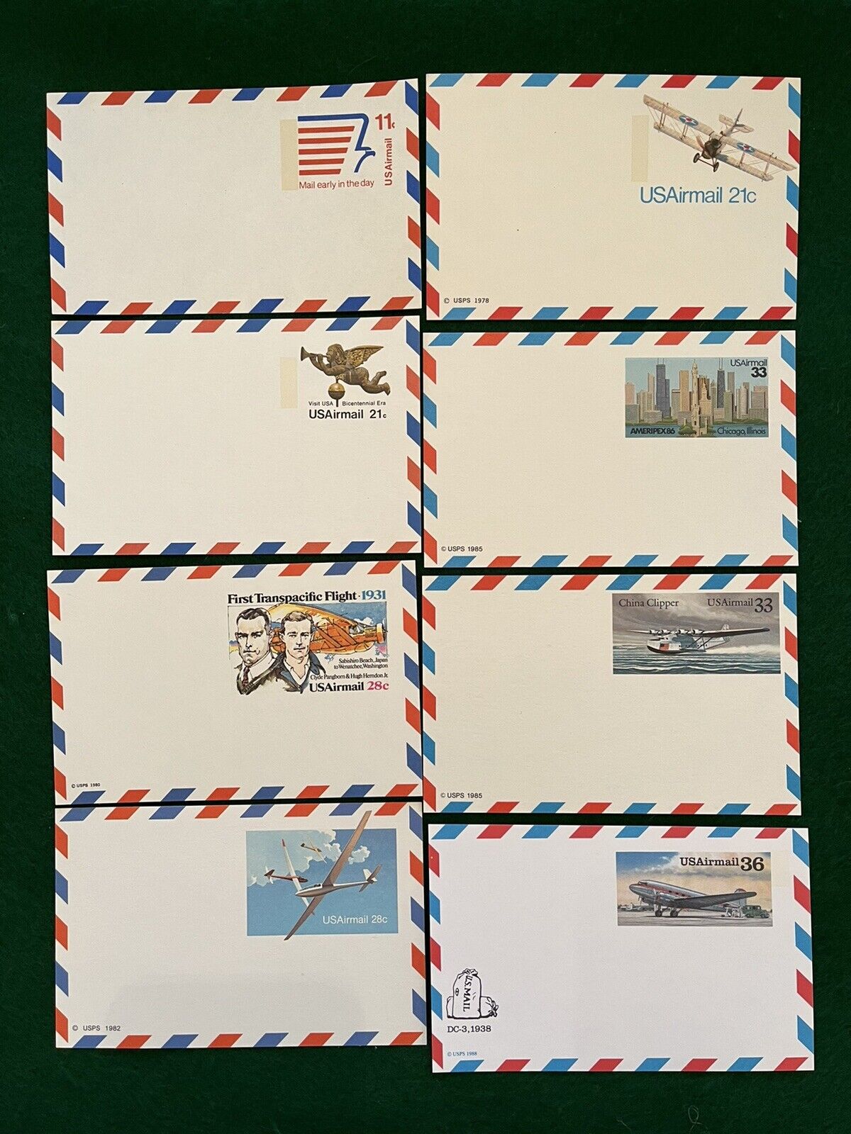 Vintage 1978 - 1985  USA  Postal Airmail Postcards, Unused, Lot of 8.