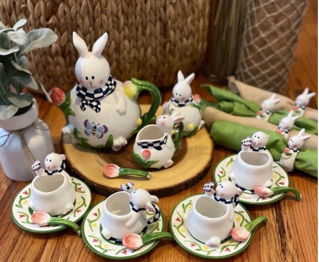 20 PC Tea Set Easter  Bunny GARDEN PARTY  -Mercuries 1990s Spring Time Tableware