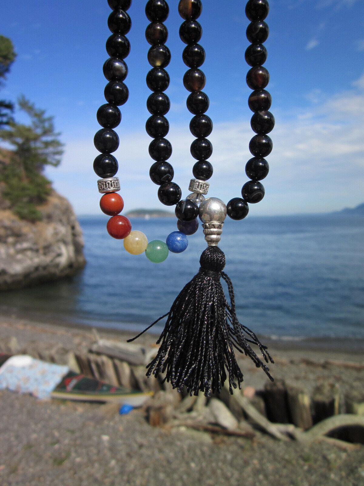 Custom Design 8mm Black Agate 7 Chakras/gemstones Tibetan Buddhist prayer beads