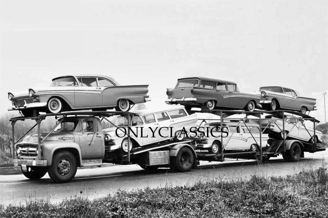 1957 NEW FORDS ON 1955 TRUCK CAR HAULER TO AUTO DEALER 8X12 PHOTO AUTOMOBILIA
