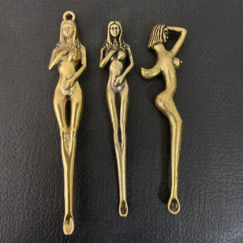 3PC Exquisite Old China Collection Brass Carving Beautiful Naked Woman Ear Spoon