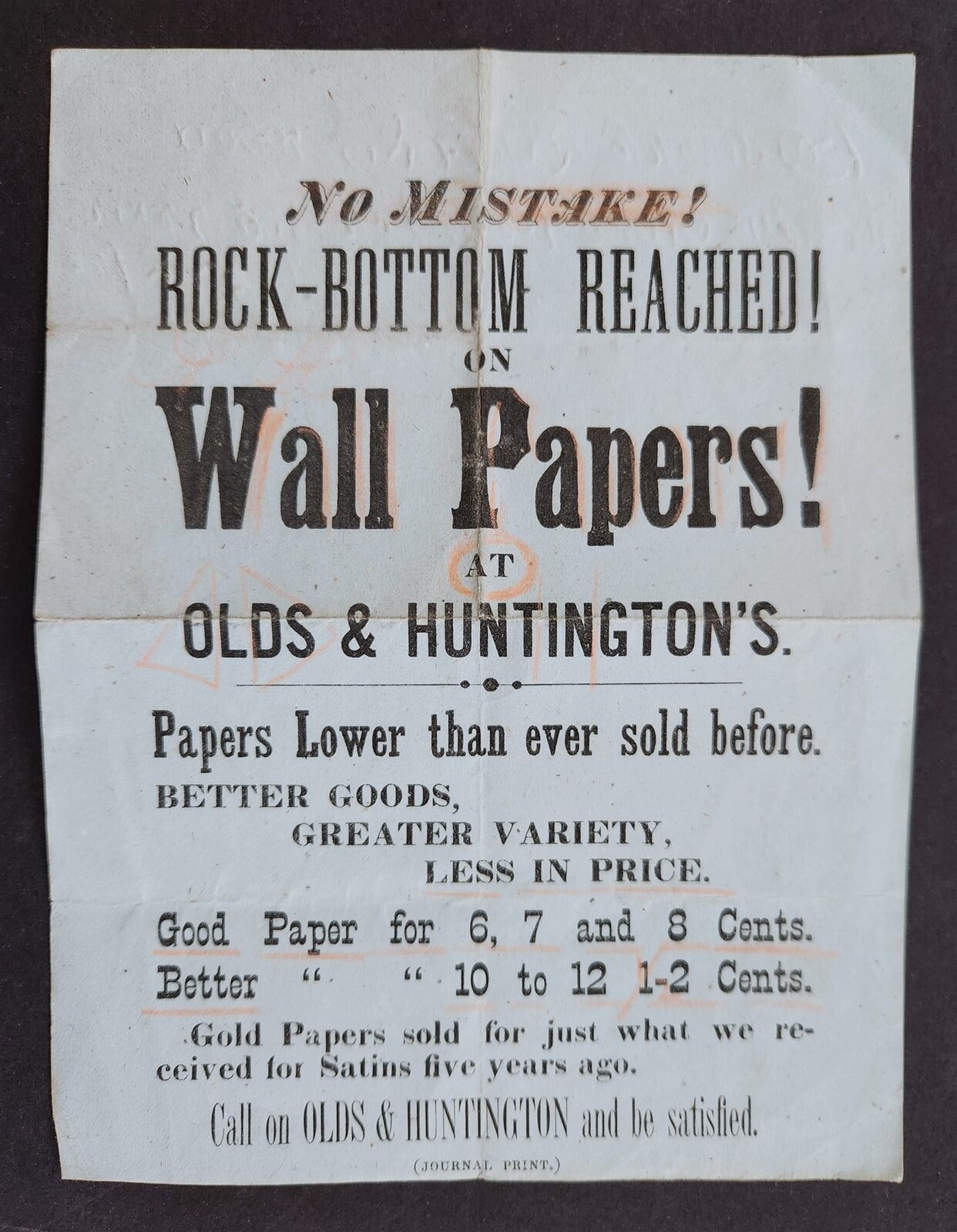 1800s antique WALL PAPER sale BROADSIDE gold satin OLDS and HUNTINGTON