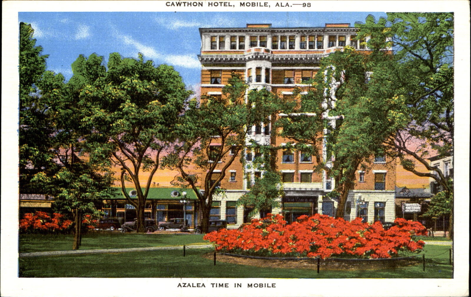 Cawthon Hotel ~ Mobile Alabama AL ~ Azalea flowers bloom ~ 1940s linen postcard