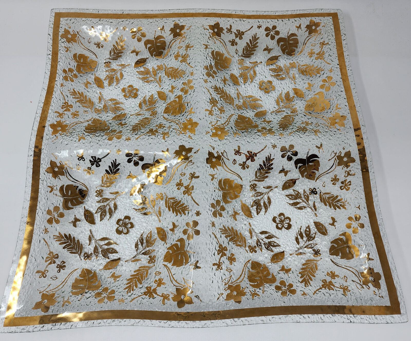 Mid-Century Gold Leaf Foliage Hostess Glass Tray Fall Large 4 Sections 16\