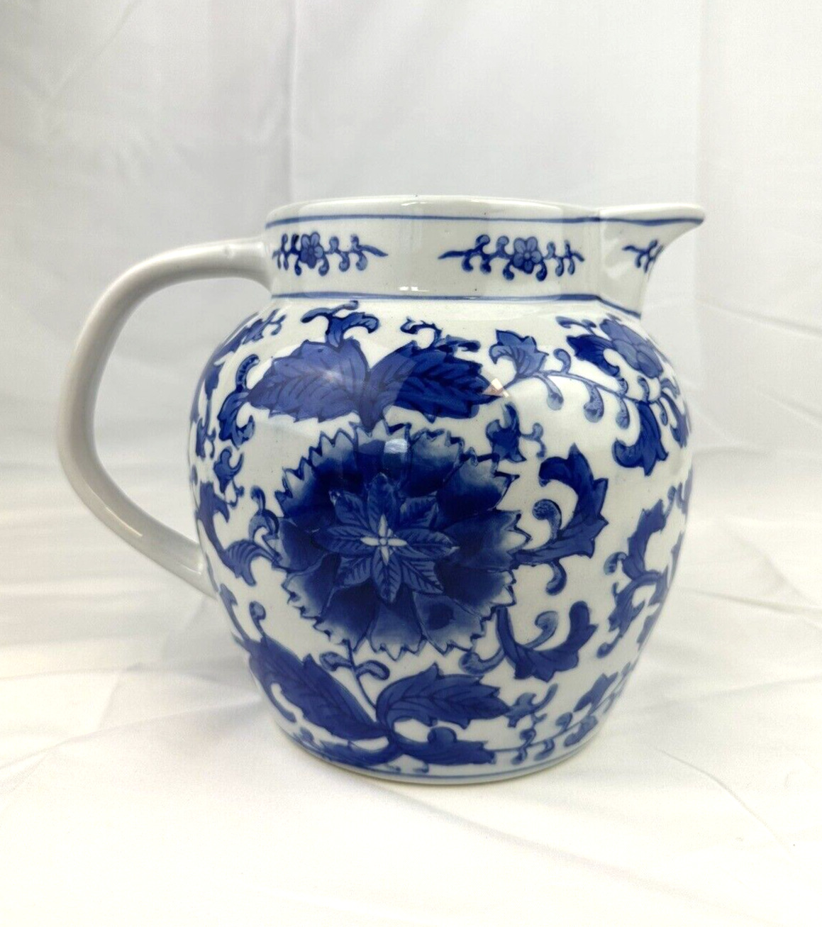 Vtg Traditional Chinese Pitcher / Jug Ceramic Hand Painted Blue Flower Signed B9