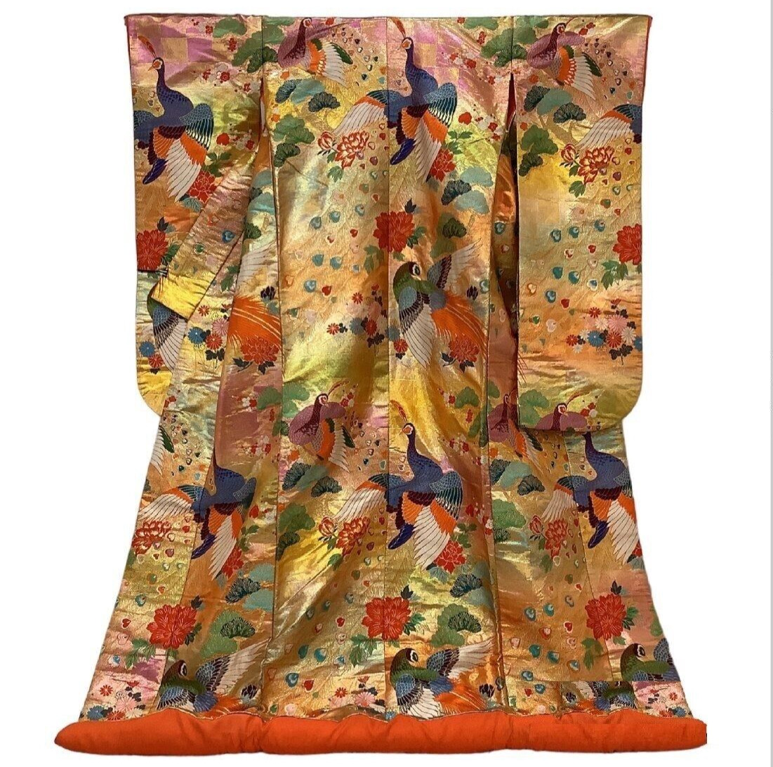 Japanese Kimono Uchikake Vintage Gorgeous wedding Pheasant embroidery Gold (u19)