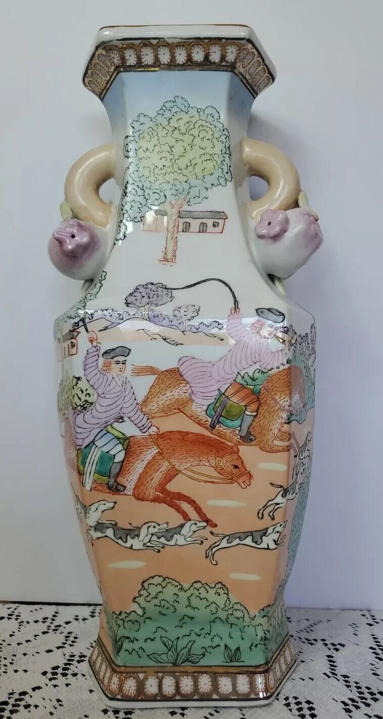 Andrea by Sadek Large Ceramic Vase, The Hunt ,Chinoiserie Pink Pomegranates 14”