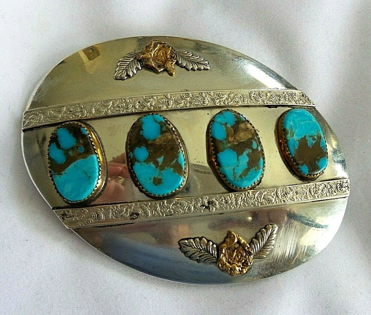 LARGE GERMAN SILVER OVAL BUCKEL TURQUOISE STONES SET IN GOLD WITH GOLD ROSESS