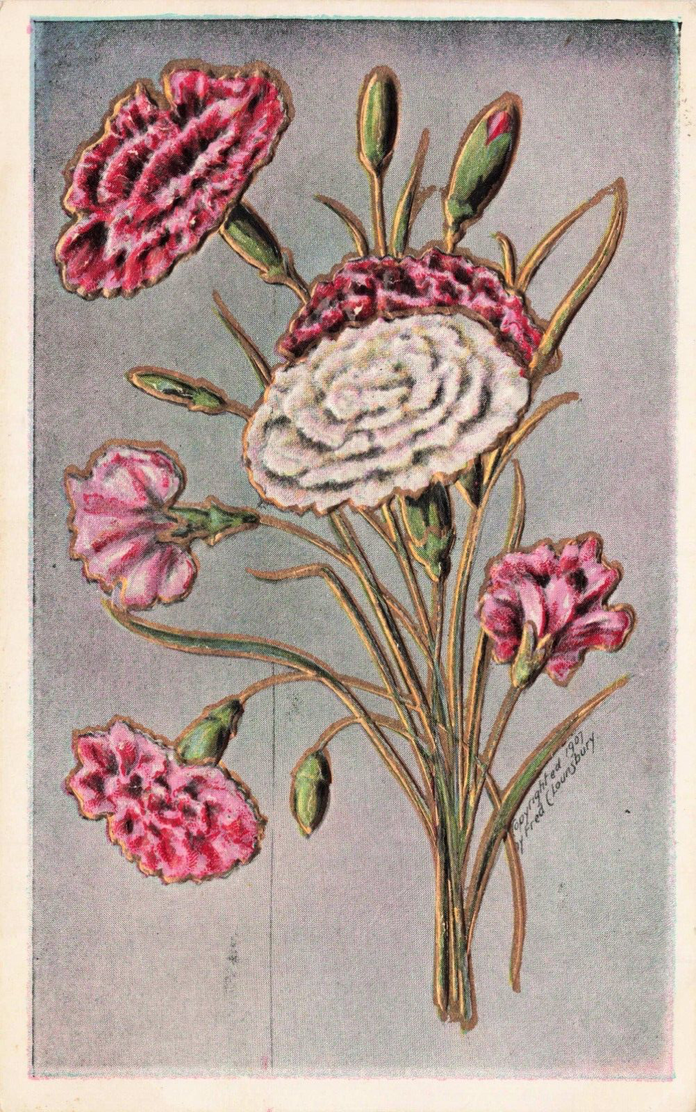 Fred Lounsbury 1907 c Floral Flower Art embossed Postcard 1908 Omaha NE PM Kirk