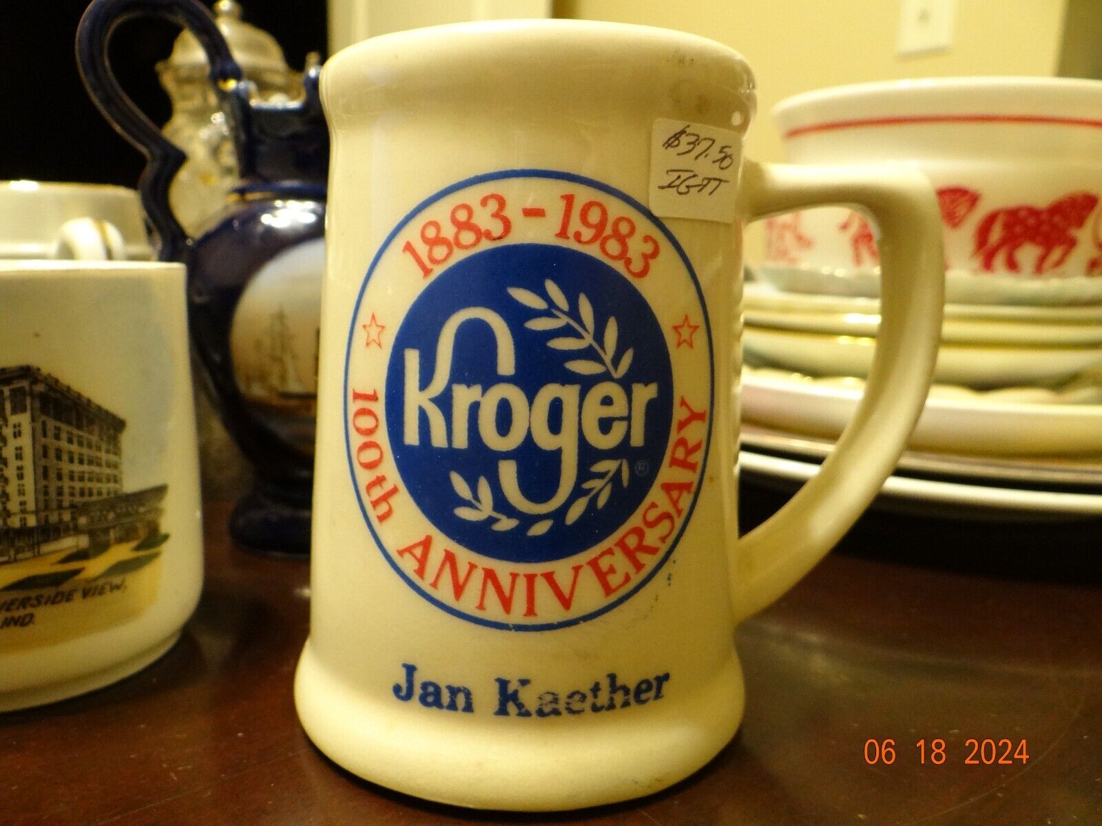 Vintage 1983 Kroger 100th Anniversary 1883-1983 Coffee Stein 4.25” Grocery Store
