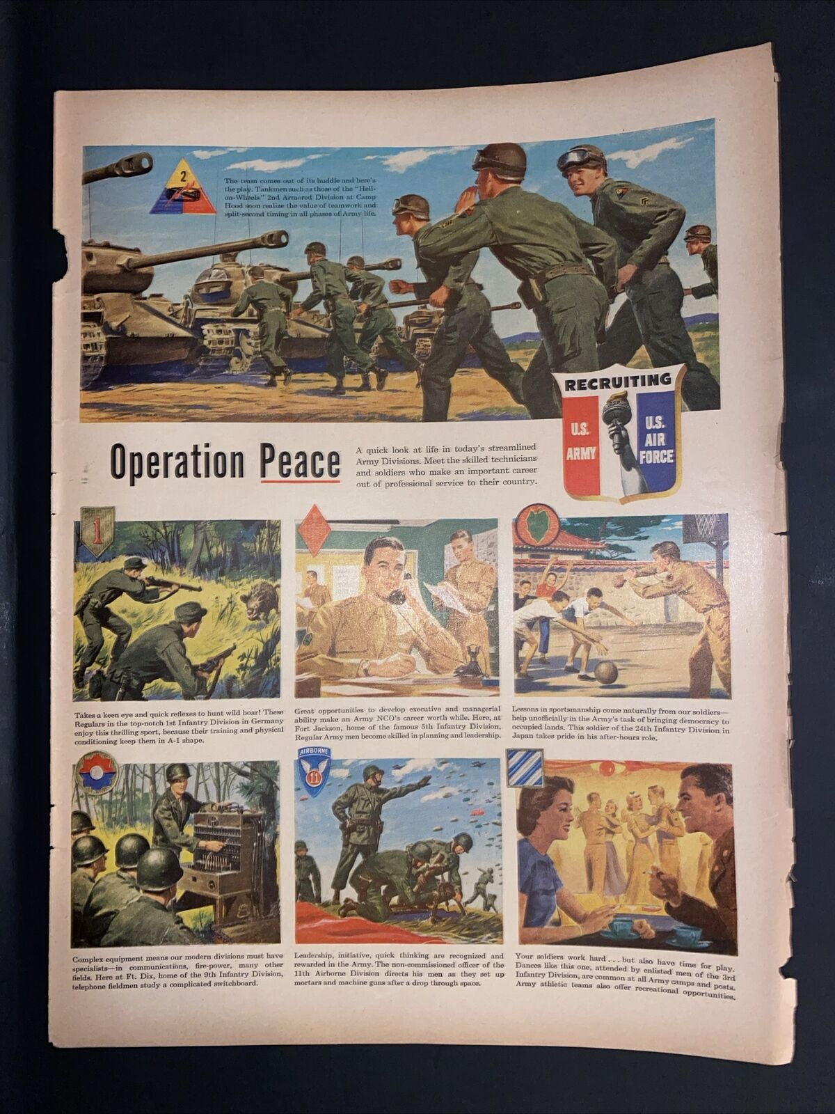 Vintage Print Ad 1940\'s WWII US Army Recruiting Operation Peace Airborne Tanks