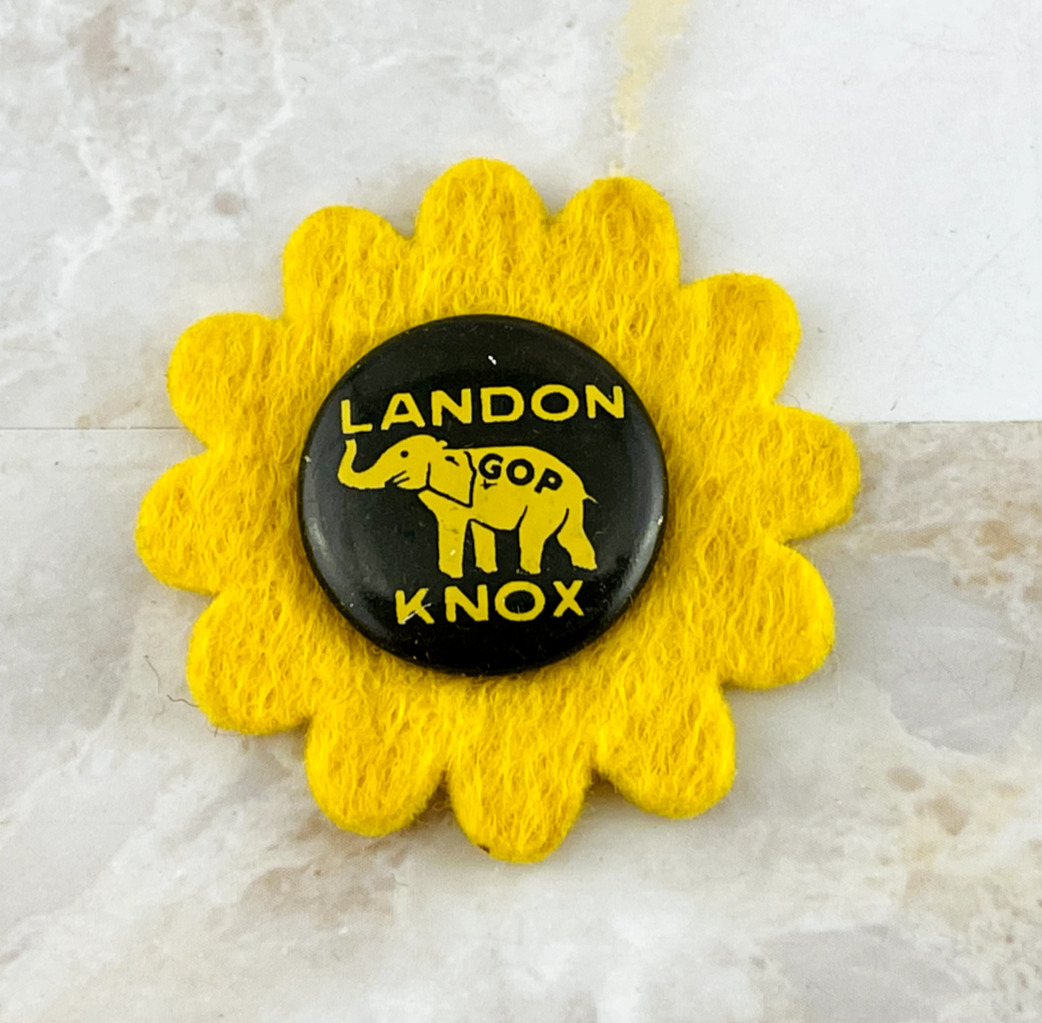 Vintage Landon Knox GOP Brown Campaign Button Pin on Yellow Felt 1936 Rare