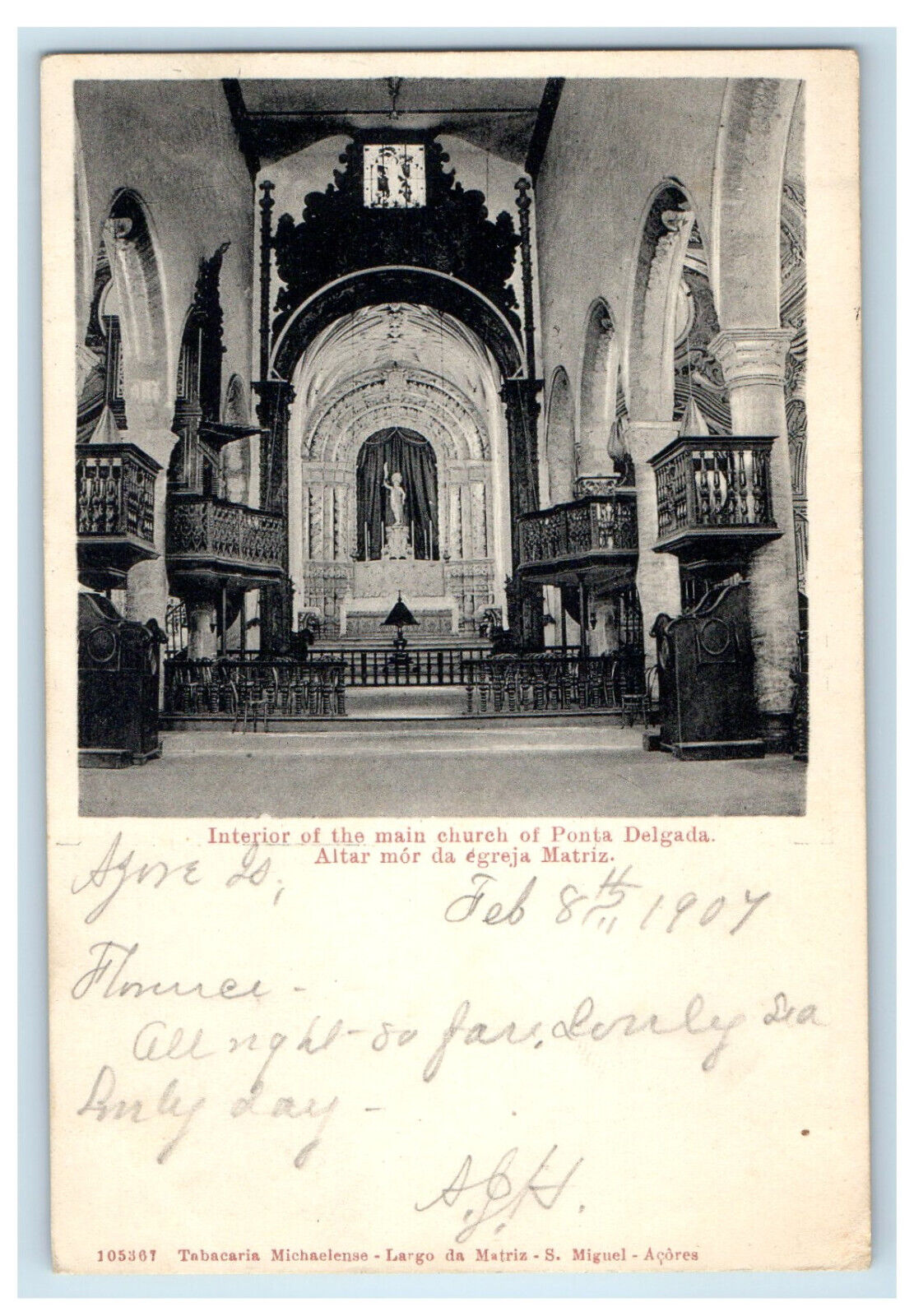 1907 Interior of the Main Church of Ponta Delgada Waterford PA Postcard