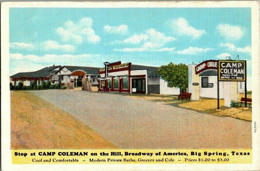 1930'S. BIG SPRING, TX. CAMP COLEMAN. GROCERY,CAFE,PRIVATE BATHS POSTCARD. SM12