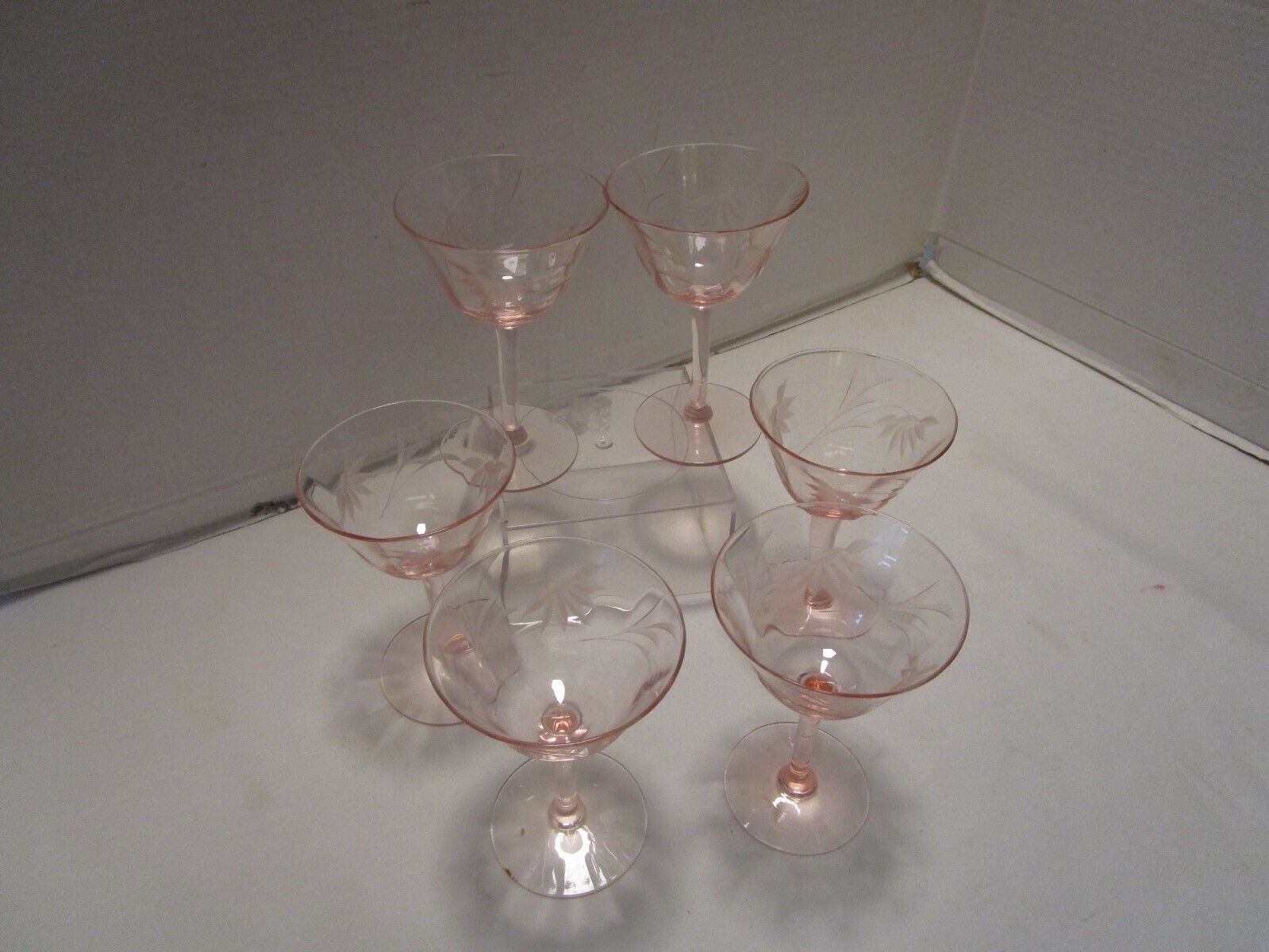 Antique Tiffin Glass lot 6 Etched Pale Pink Glass Optic Panel Stem Cocktail 4.75