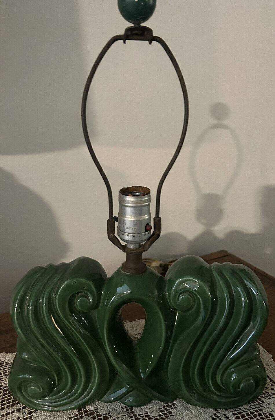 1950s Mid Century Modern Ceramic Lamp Green Abstract Large Glazed Television