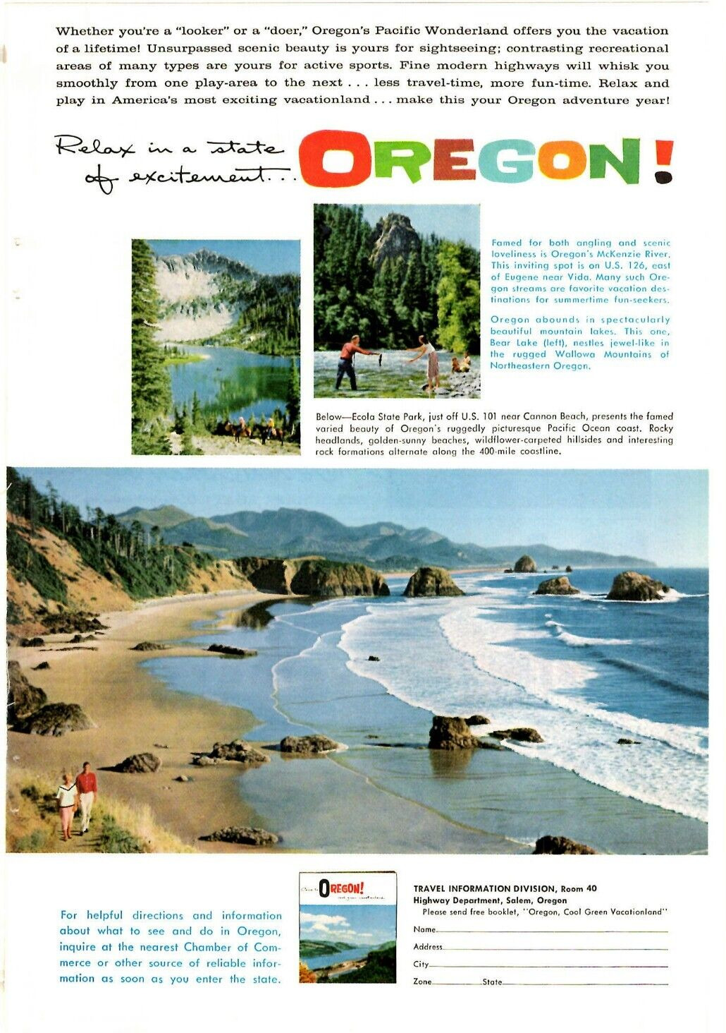 1960 Print Ad Oregon Travel Information Division Relax in state of Exictment