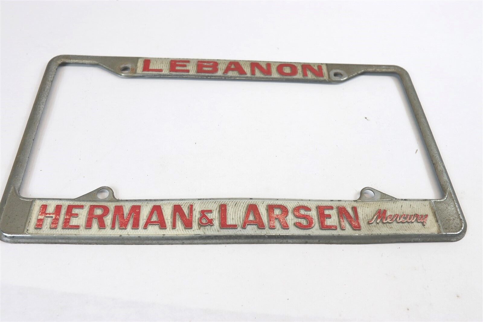 VINTAGE HERMAN & LARSEN MERCURY DEALERSHIP LEBANON METAL LICENCE PLATE FRAME 