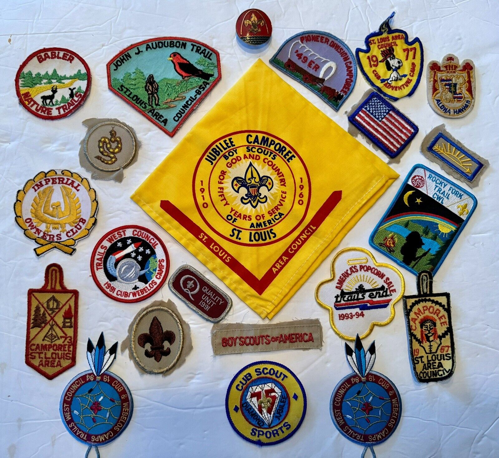 Vintage Lot 20 Boy Scouts BSA Scouting Patches & 1960 Neckerchief 60s - 90s