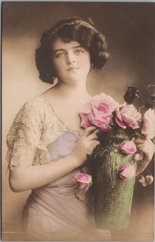 c1900s German Pretty Lady / RPPC Postcard Pink Roses in Vase / Colored Photo
