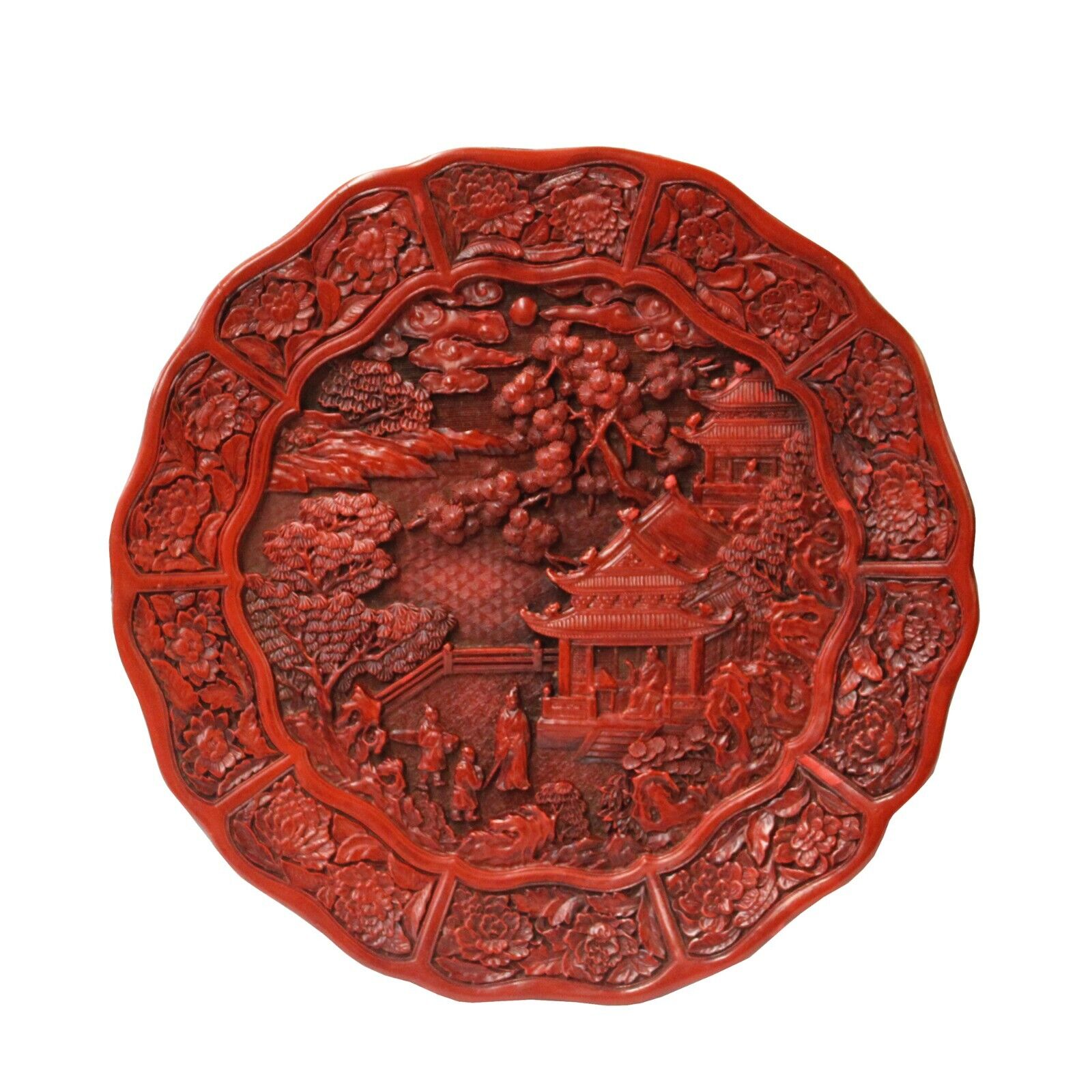 Chinese Red Resin Lacquer Round Scenery Relief Carving Accent Plate ws974