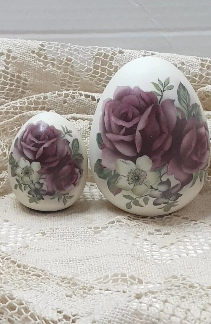 2 Vintage Porcelain Purple Rose Eggs Easter - 1 Large 3¼\