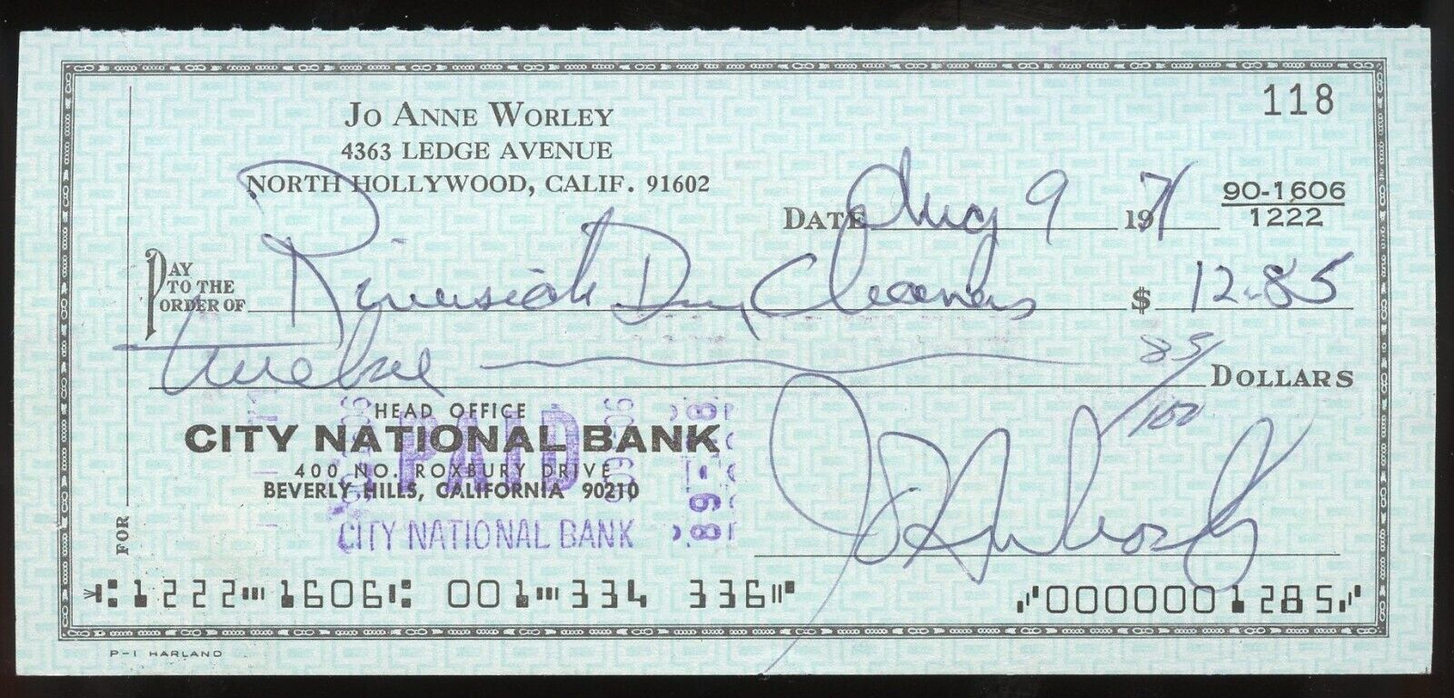 Jo Anne Worley signed check auto American Actress in Rowan & Martin\'s Laugh-In