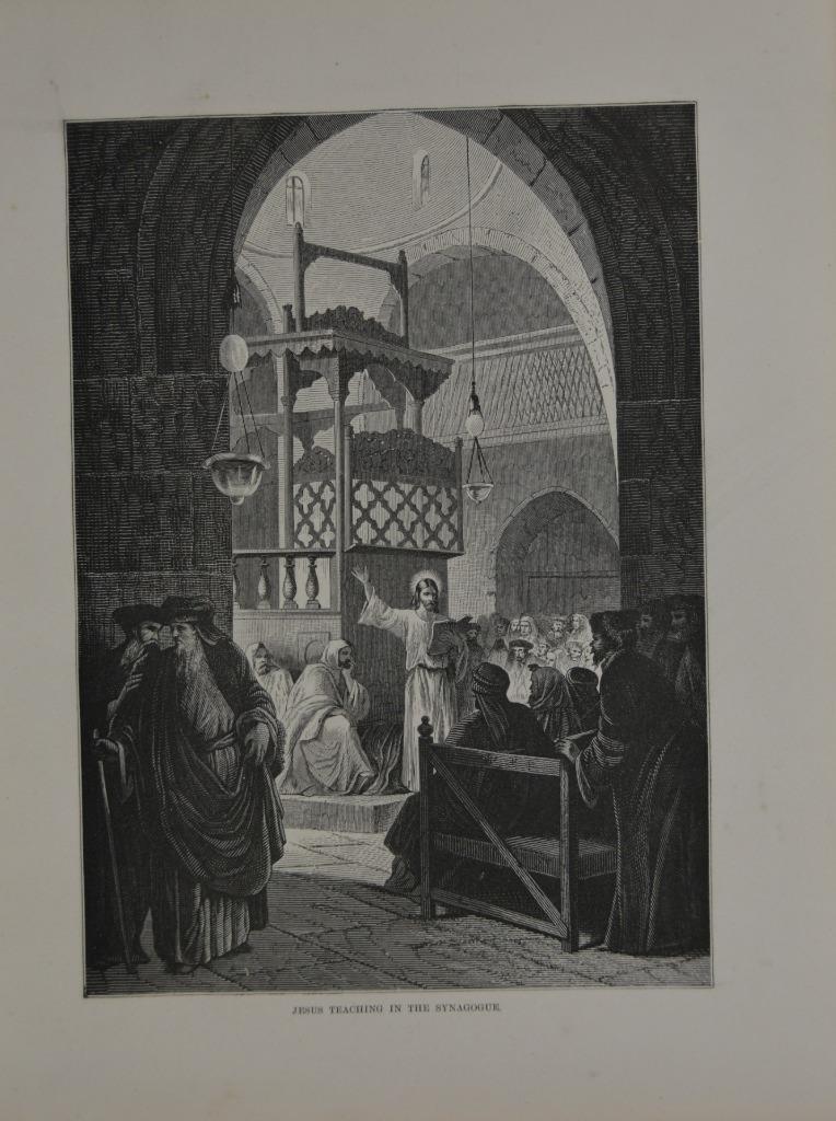 Antique Religious Art Jesus Teaching in the Synagogue Christianity Original 1875