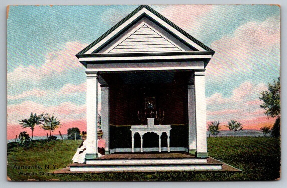 Auriesville NY New York Postcard Wayside Chapel Victorian Ladies Women Sitting