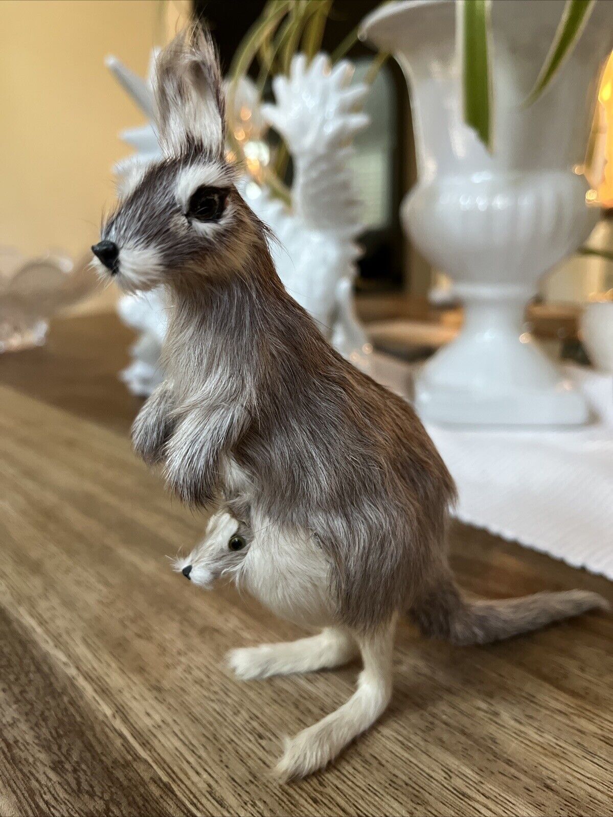 Vintage Kangaroo & Joey Real Fur Animal Taxidermy Wallaby Figurine Toy 6”