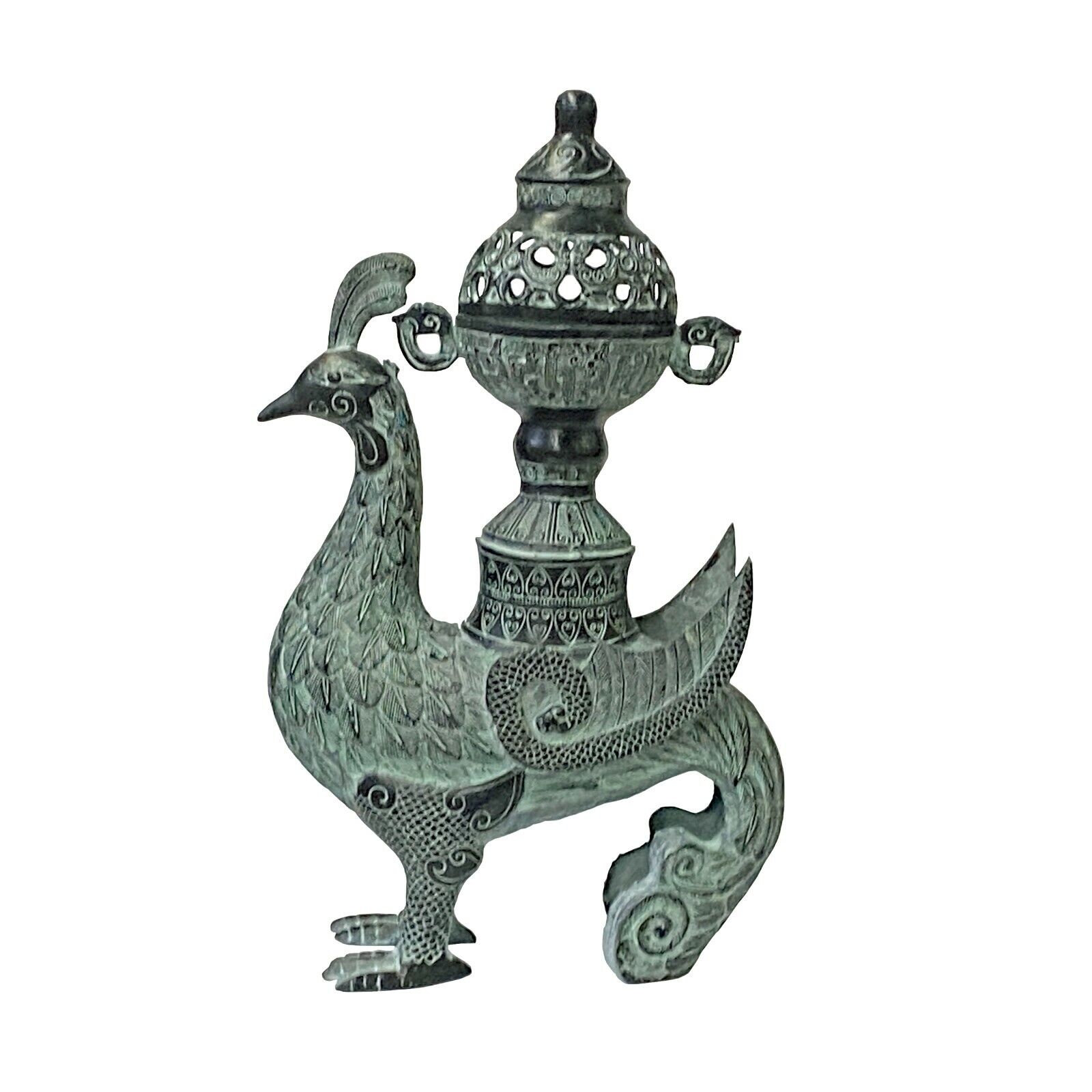 Chinese Green Black Ancient Phoenix Bird Incense Holder Display Vessel ws1475