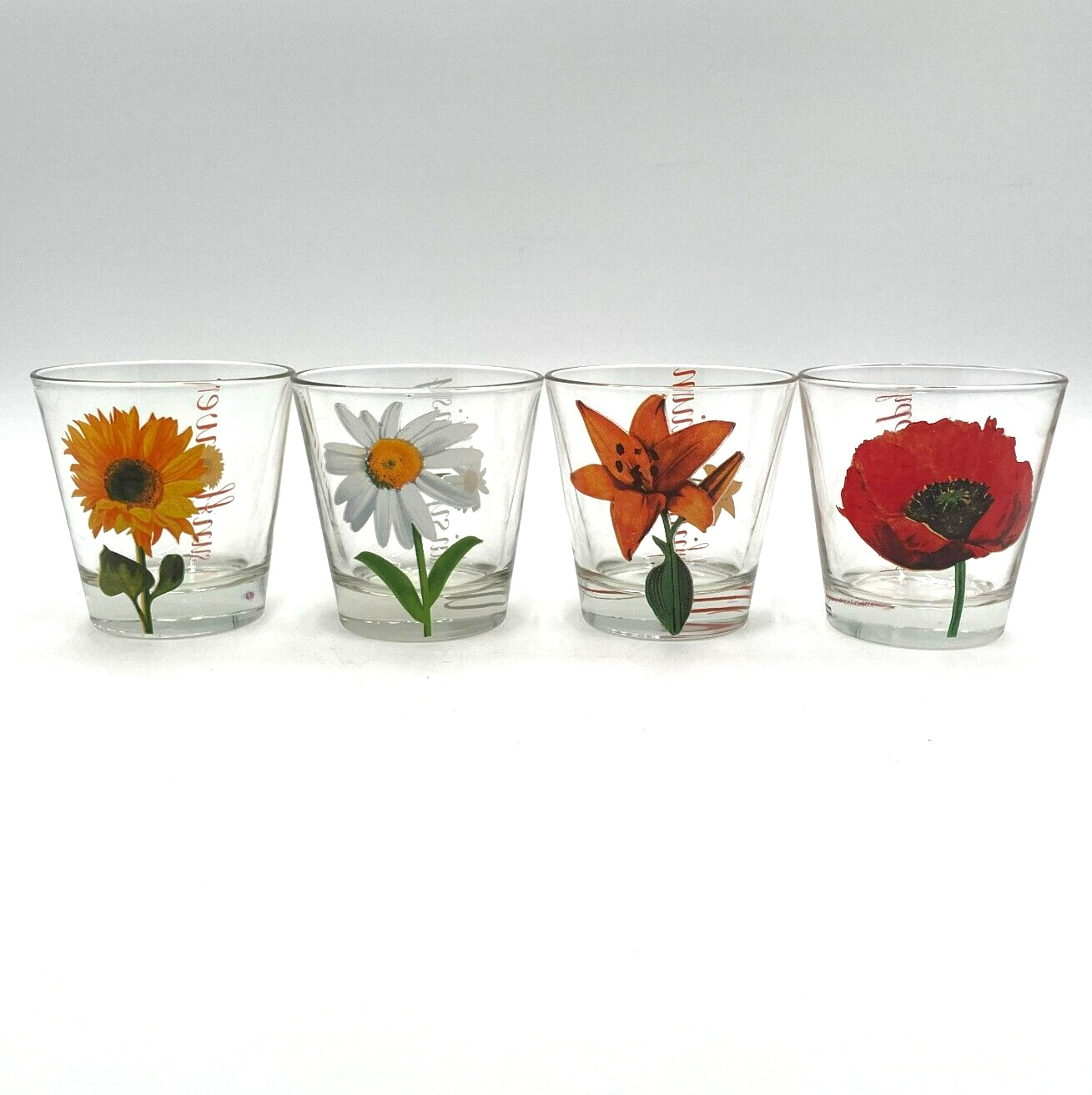 Cerve Italy Flower Glasses Poppy Lily Daisy Sunflower Low Ball Glasses -Set of 4