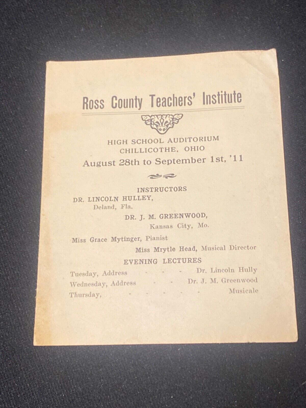 Antique Ross County Teachers’ Institute 1911 Lectures Program Chillicothe Ohio