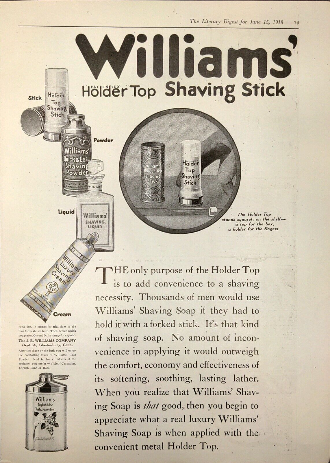 1918 Williams\' Shaving Stick Soap Men Metal Holder Top Luxury  Antique Print Ad