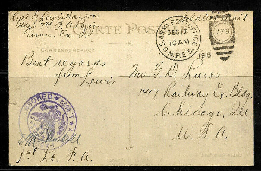 1918 WWI M.P.E.S US Army Post Office in France To Chicage Censored Postcard