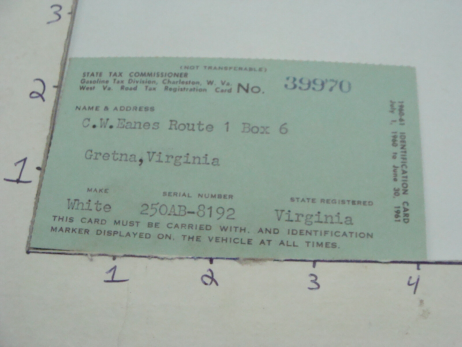 Vintage paper - DRIVERS LICENCE -(ID)- WEST VIRGINIA - 1960-61 --  GAS TAX