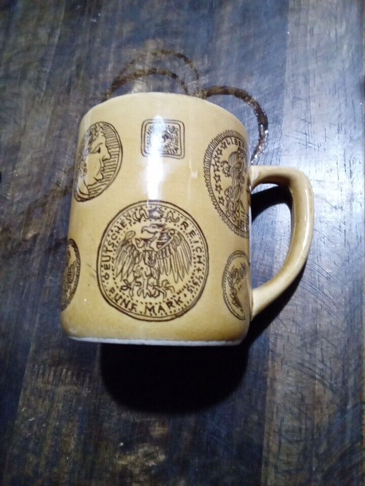 Vintage Mustard Colored 1970s Mug Decorated with Coins made in Japan