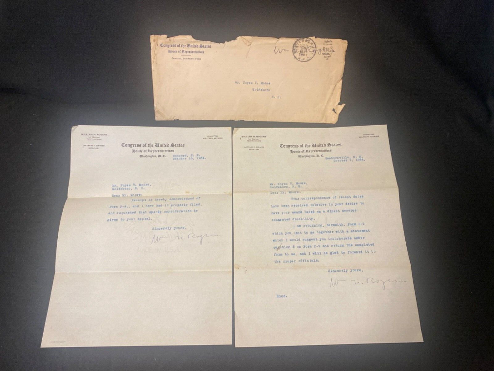 2 Signed WW1 Veterans Benefits Letters by US Representative William N. Rogers NH